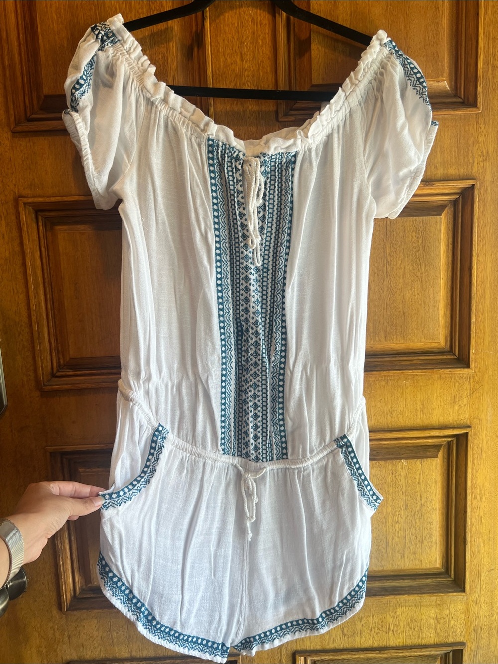 Rip Curl White Off-Shoulder Swim Coverup with Teal Embroidery (Size M)